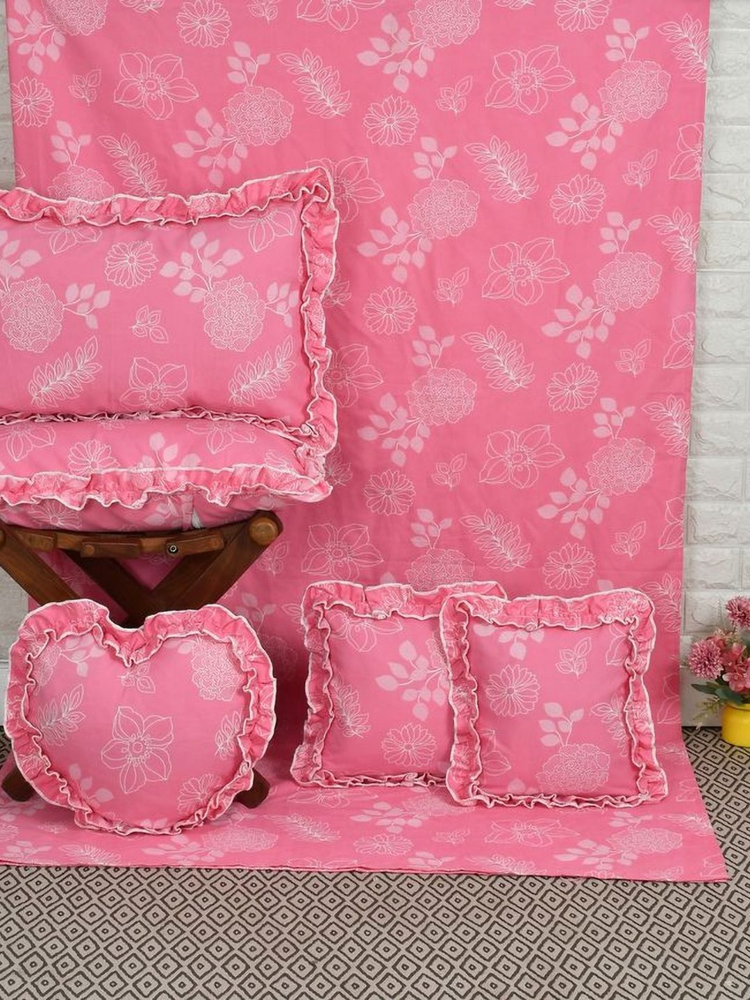 Luxmi Cotton Fabrics Pink & White Floral 6 Pieces Floral Printed Double Queen Bedding Set-picture-27