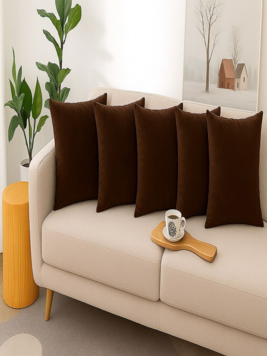 Aura Brown Set of 5 Velvet Square Cushion Covers-image-9