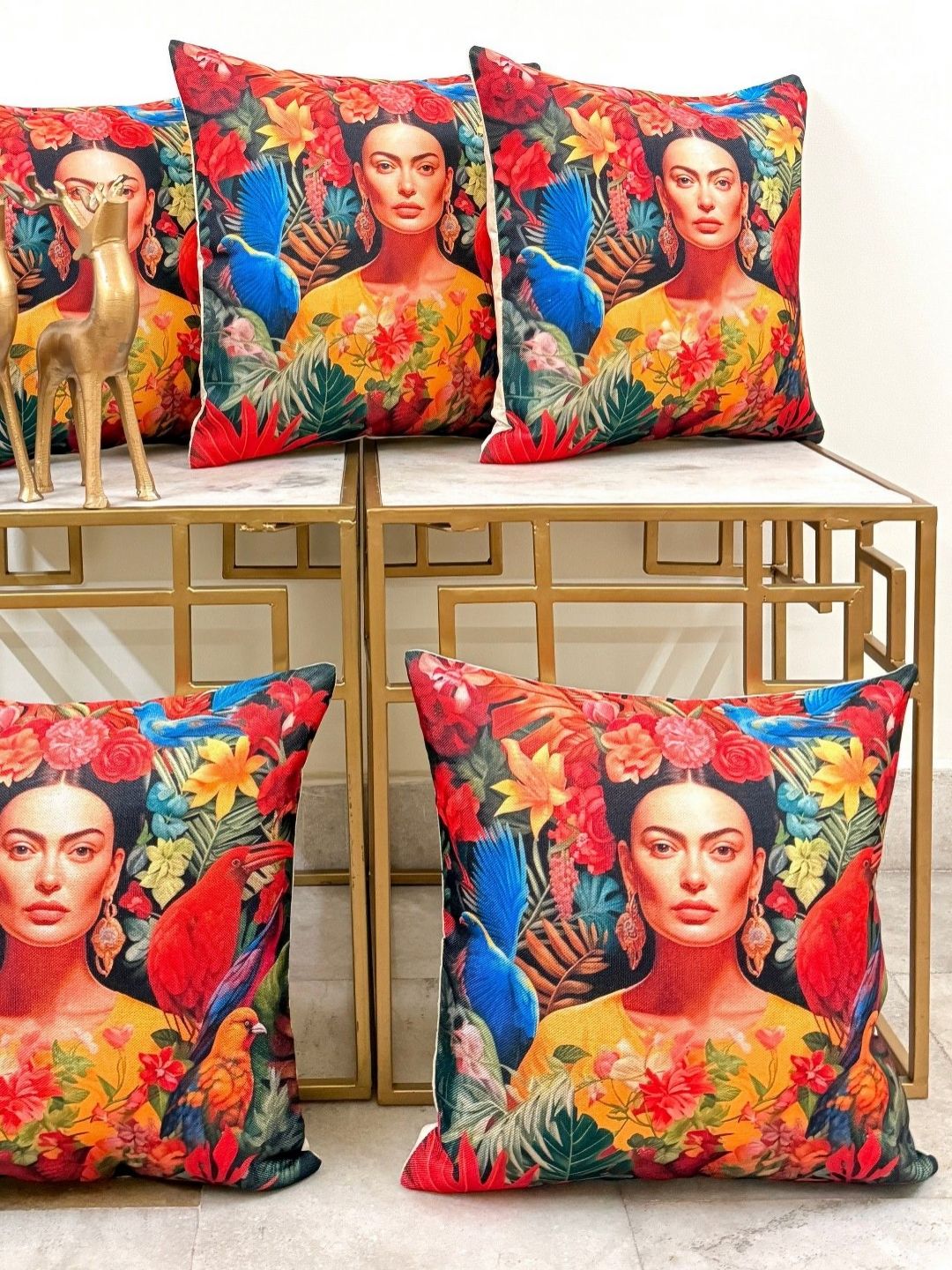 DIHIKA Pink & Blue Set of 5 Ethnic Motifs Square Cushion Covers-picture-10