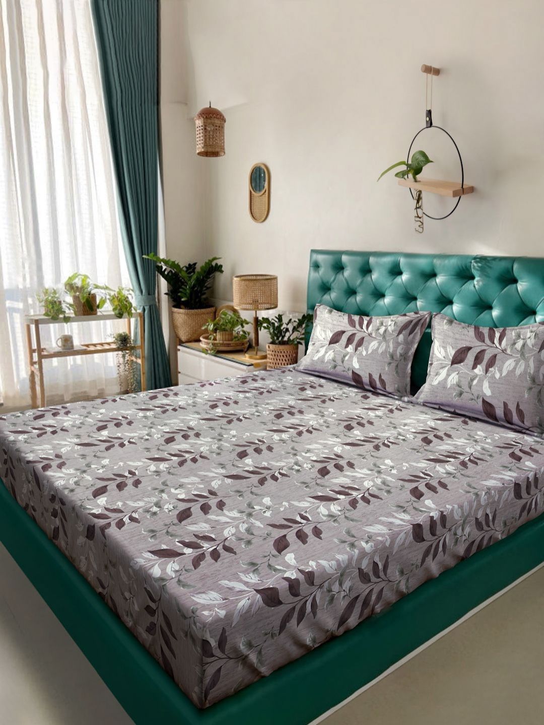 KLOTTHE Brown & Grey Floral Printed Pure Cotton 400 TC King Bedsheet Set 2.7 m x 2.7 m-picture-20