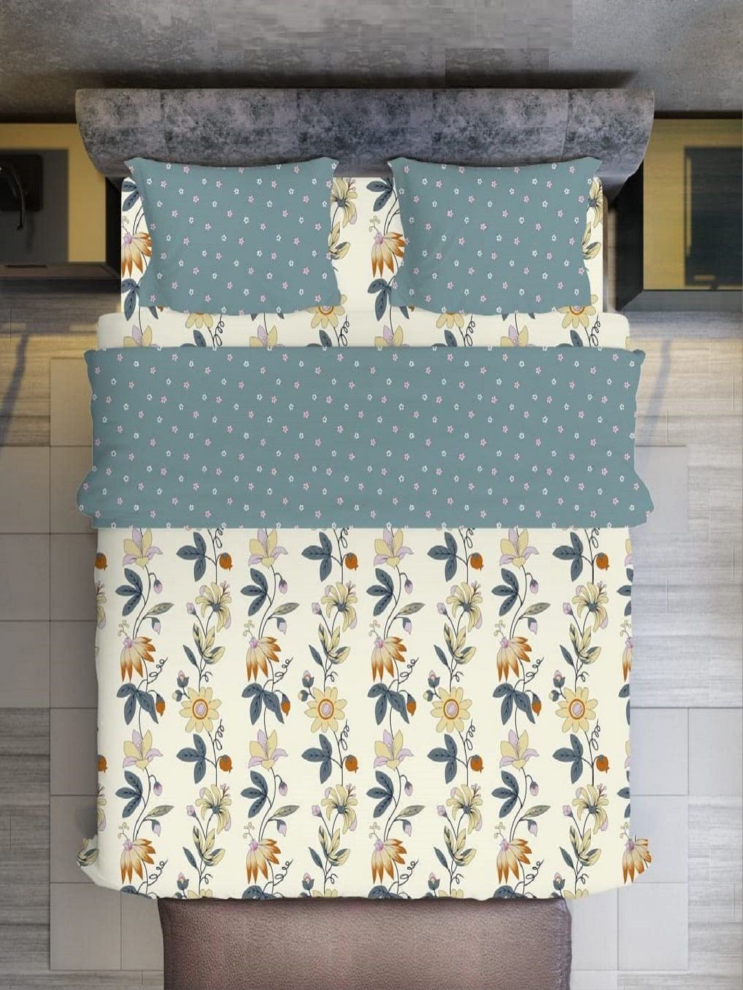 Aura Olive Green & White Printed 210 TC Microfiber King Bedsheet Set 2.74 m x 2.74 m-picture-12