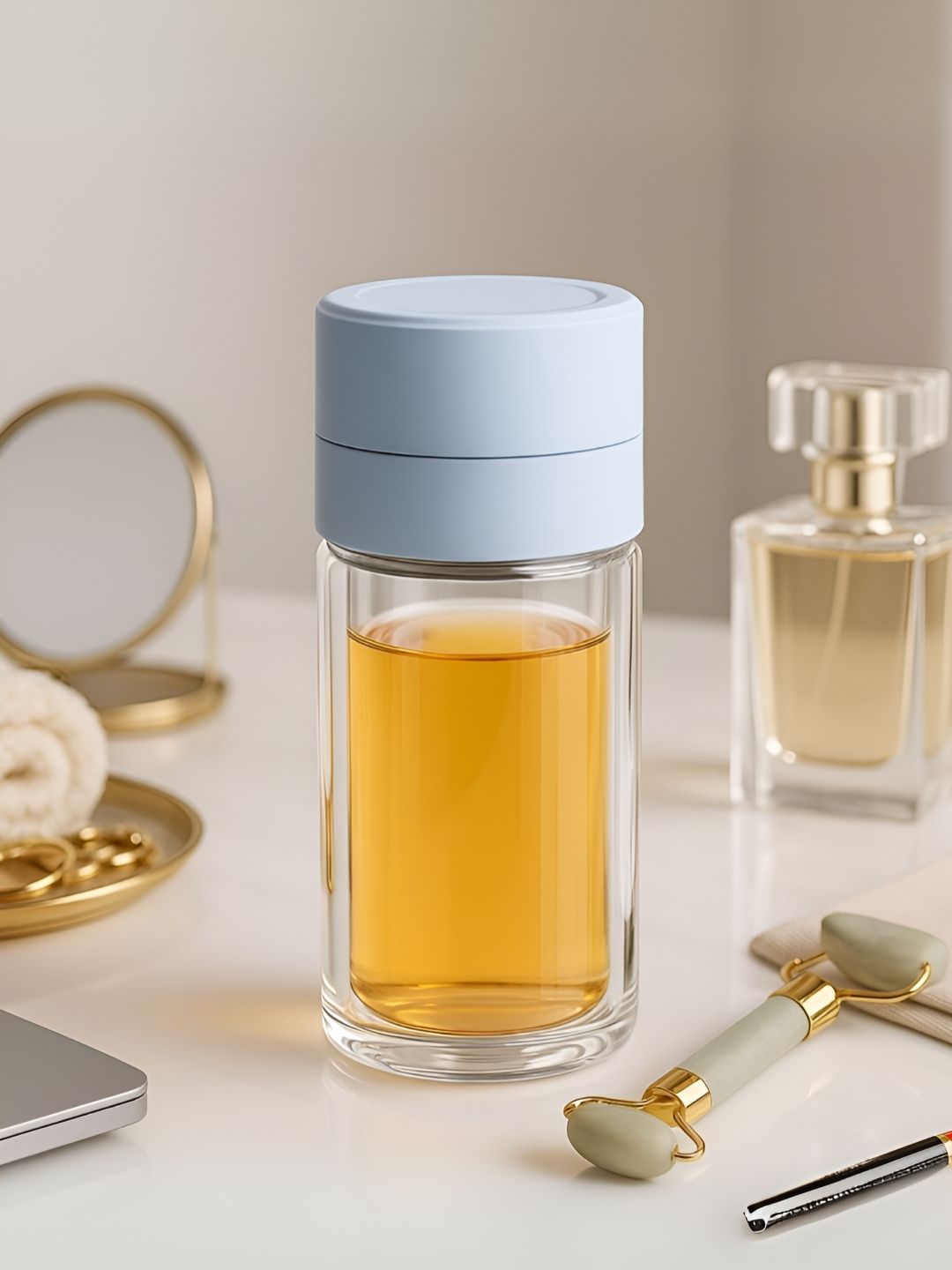 Myntra Elegant Homes Transparent & Blue Single Glass Solid Double Wall Vacuum Water Bottle-picture-13