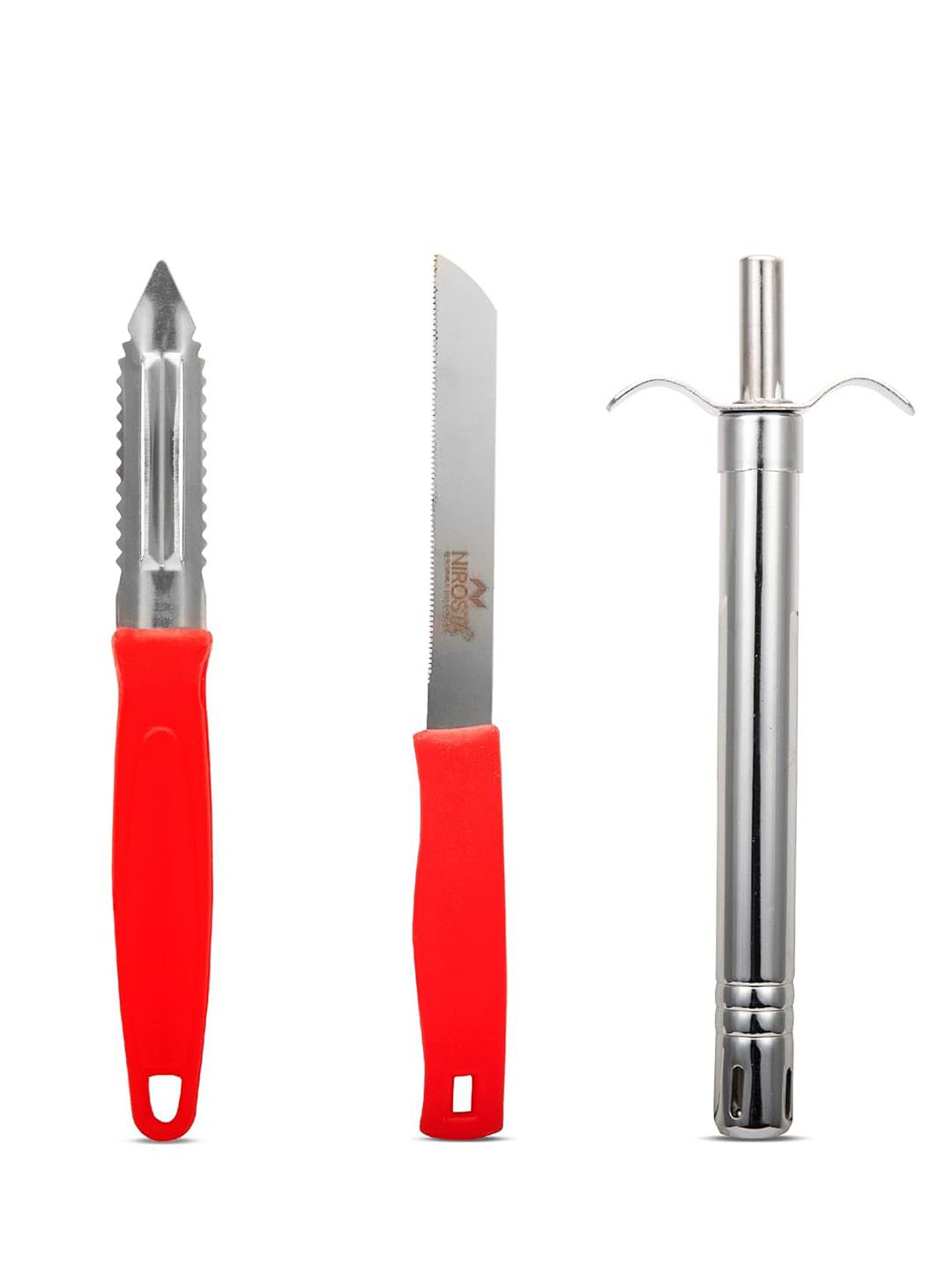 Fackelmann Red 3 Pieces Stainless Steel knife Peeler & Gas Lighter With Ultra Sharp Blade-image-5