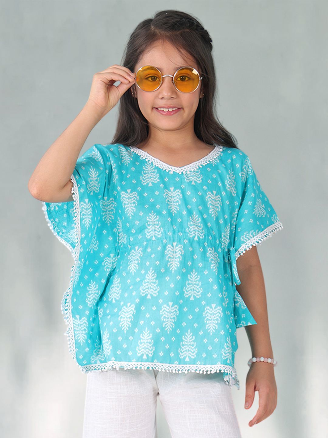 Sangria Girl Floral Printed Kimono Sleeves Pure Cotton Kaftan Top-picture-22