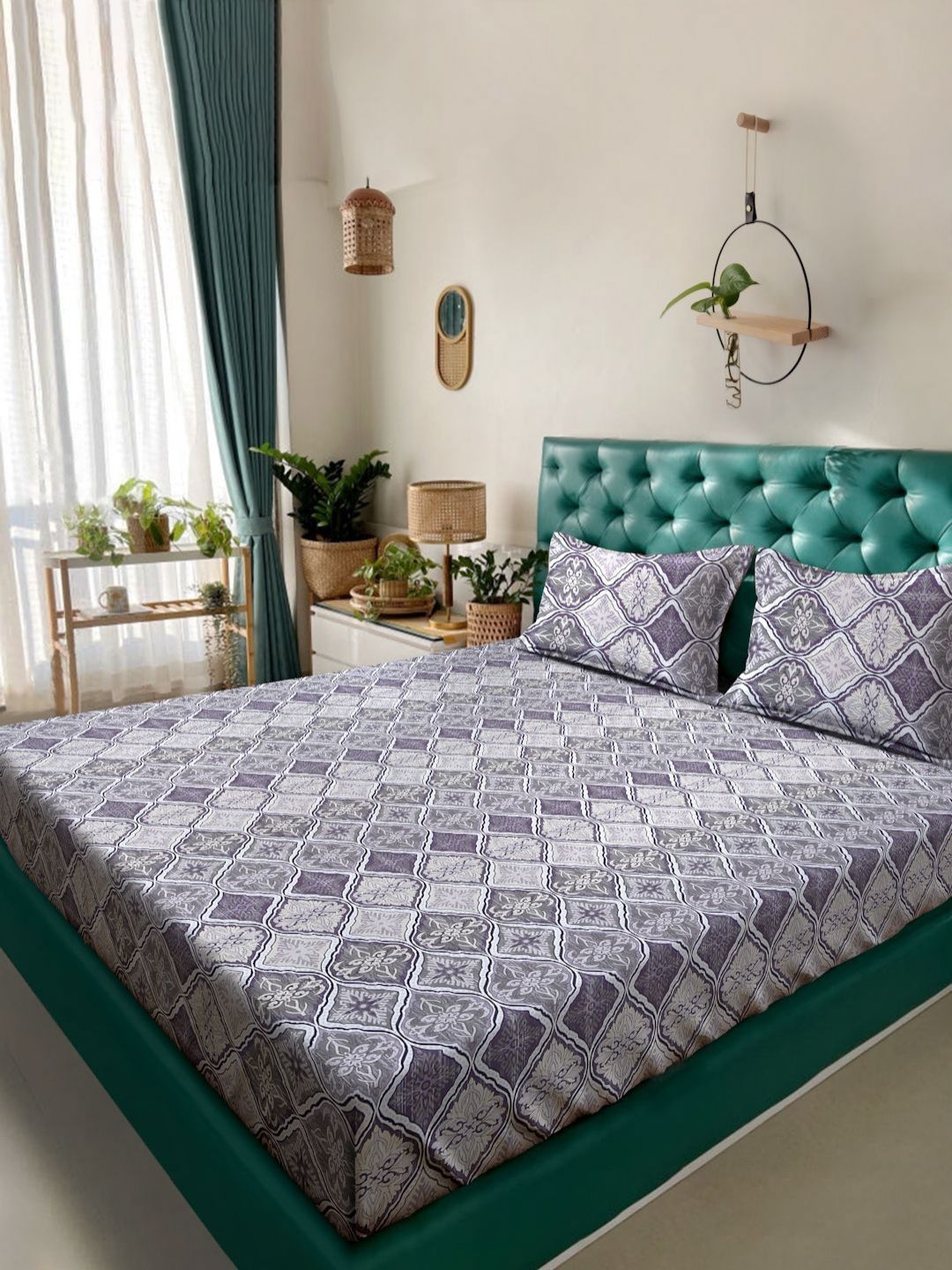 KLOTTHE Purple & Grey Floral Printed 400 TC Cotton King Bedsheet Set 2.70 m x 2.70 m-picture-29