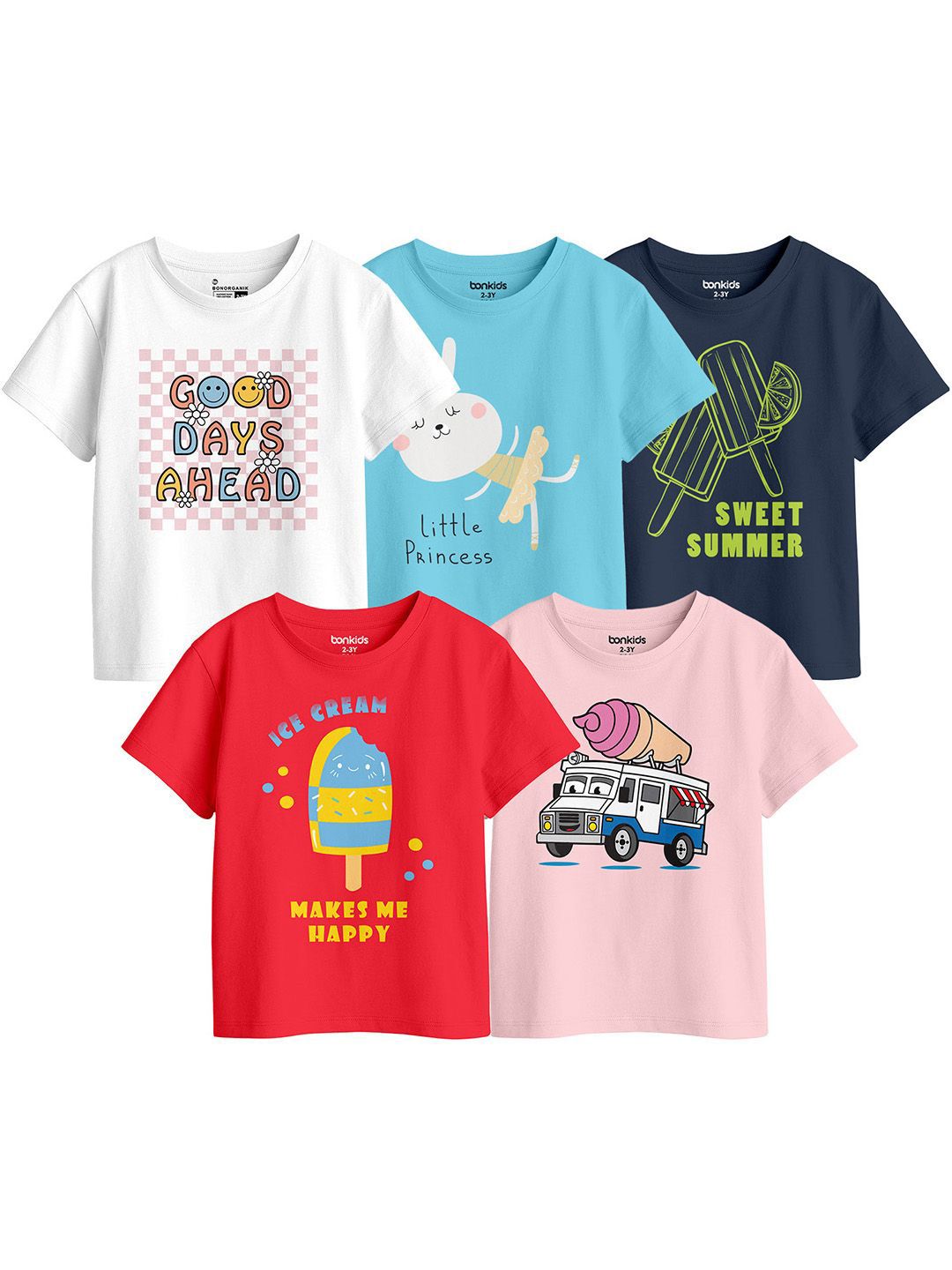 BonOrganik Girls Pack Of 5 Graphic Printed Pure Cotton T-shirt-picture-28