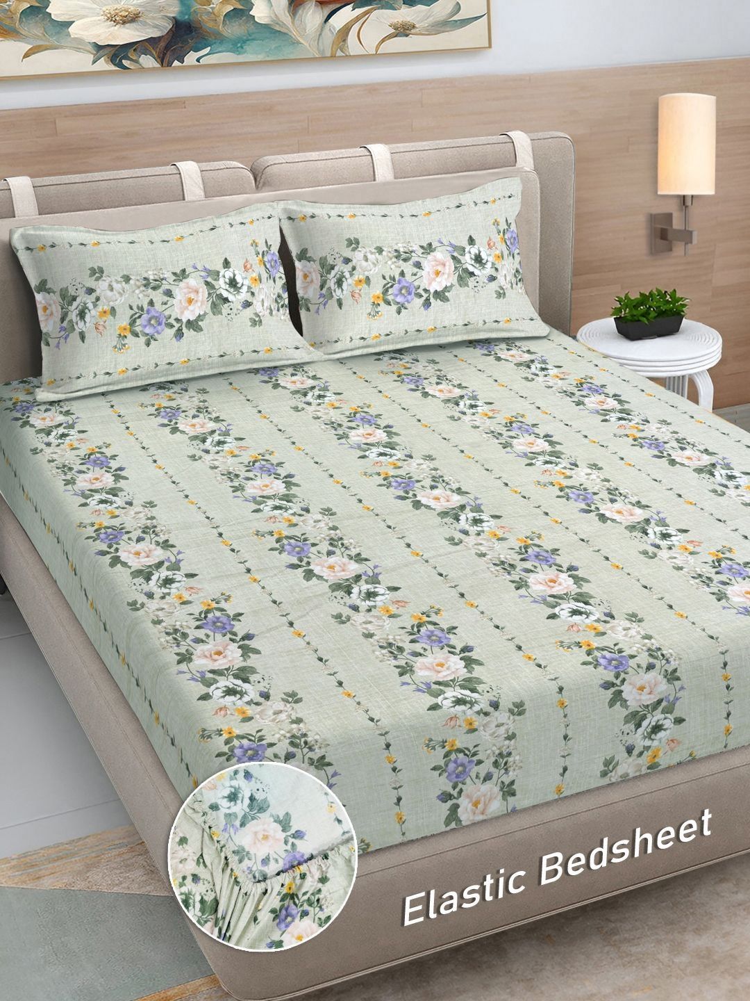 Myntra Elegant Homes Green & White Printed 300 TC Fitted King Bedsheet Set 2.5 x 2.25 m-picture-35