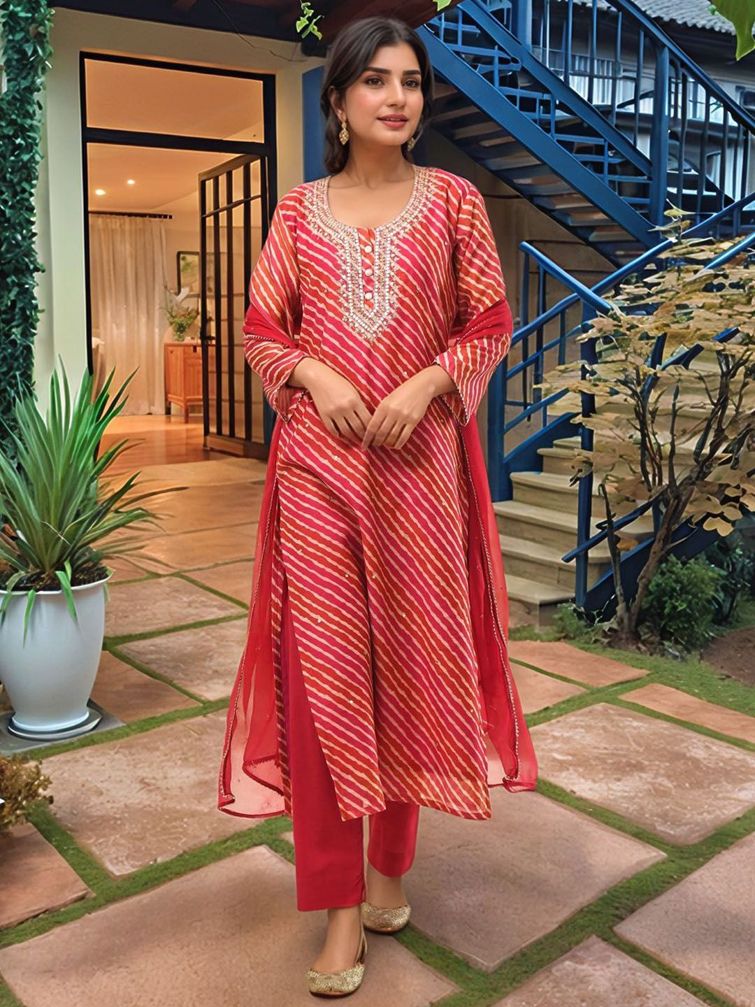 Aaghnya Leheriya Printed Zari Regular Kurta with Trousers & With Dupatta