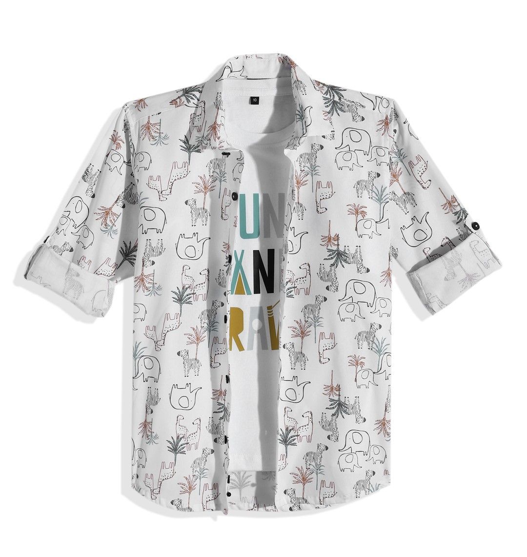CAVIO Boys Printed Pure Cotton Casual Shirt With T-shirt-picture-40