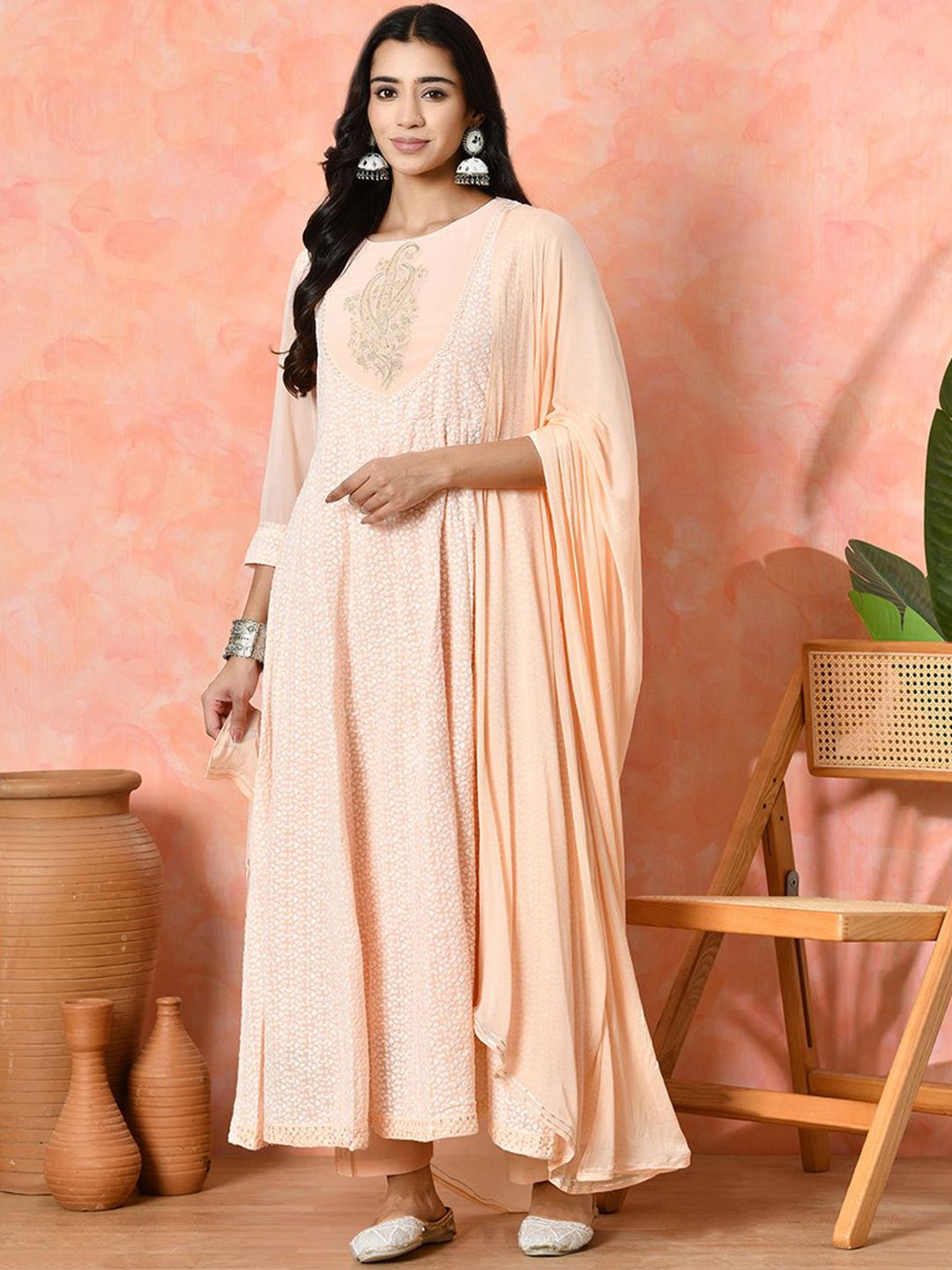 Sangria Floral Embroidered Round Neck Sequinned Anarkali Kurta With Trousers & Dupatta-picture-26