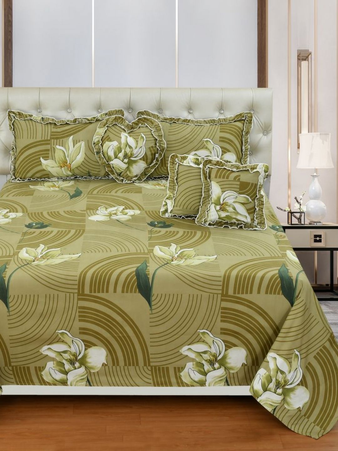 Luxmi Cotton Fabrics Green & White 6 Pieces Floral Printed Double Queen Bedding Set-picture-35