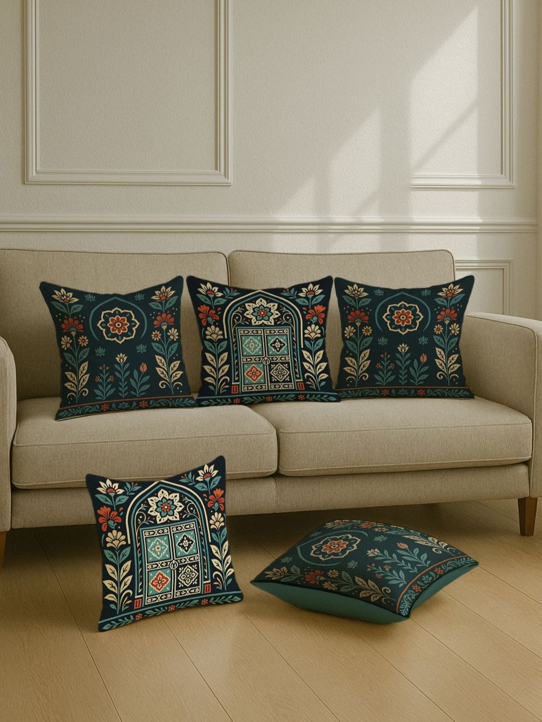 STITCHNEST Teal & Orange 5 Pieces Ethnic Motifs Satin Square Cushion Covers-picture-35