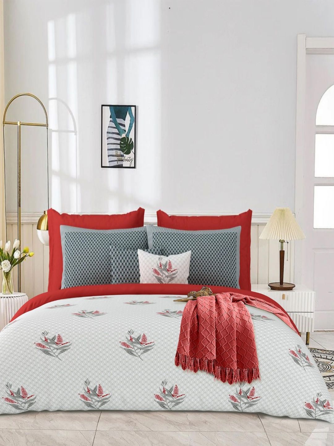 Aura White & Red Floral Printed 180 TC Cotton King Bedsheet Set 2.70 m x 2.70 m-picture-41