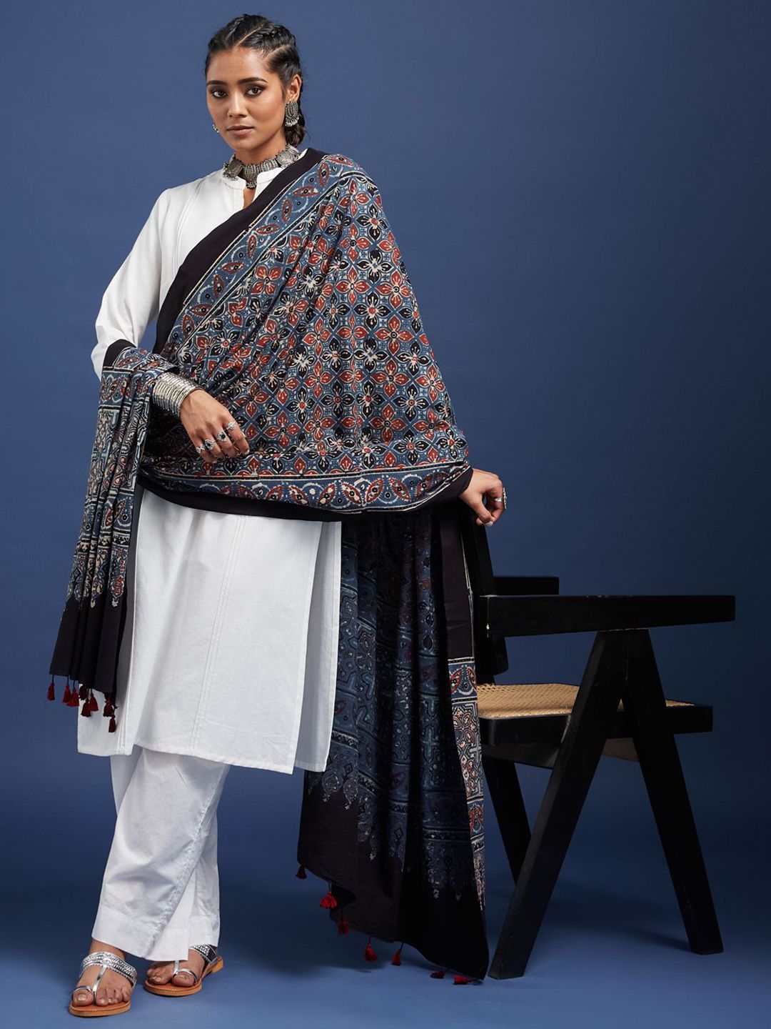 Taavi Hand Block Ajrakh Printed Pure Cotton Dupatta