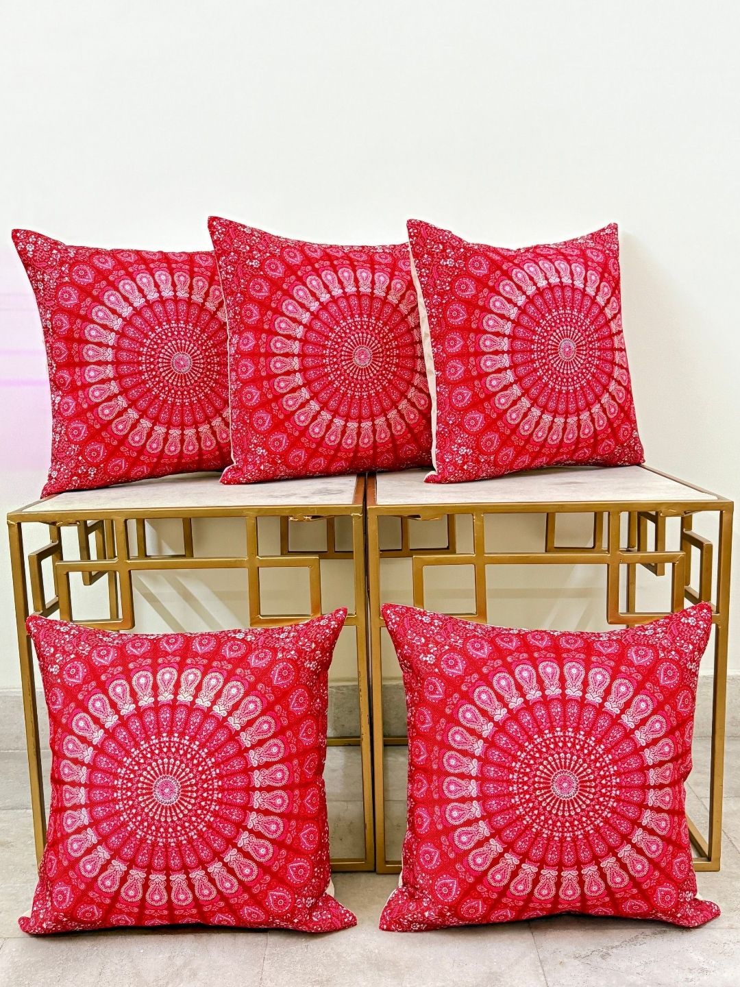 DIHIKA Pink & White Set of 5 Ethnic Motifs Square Cushion Covers-picture-48
