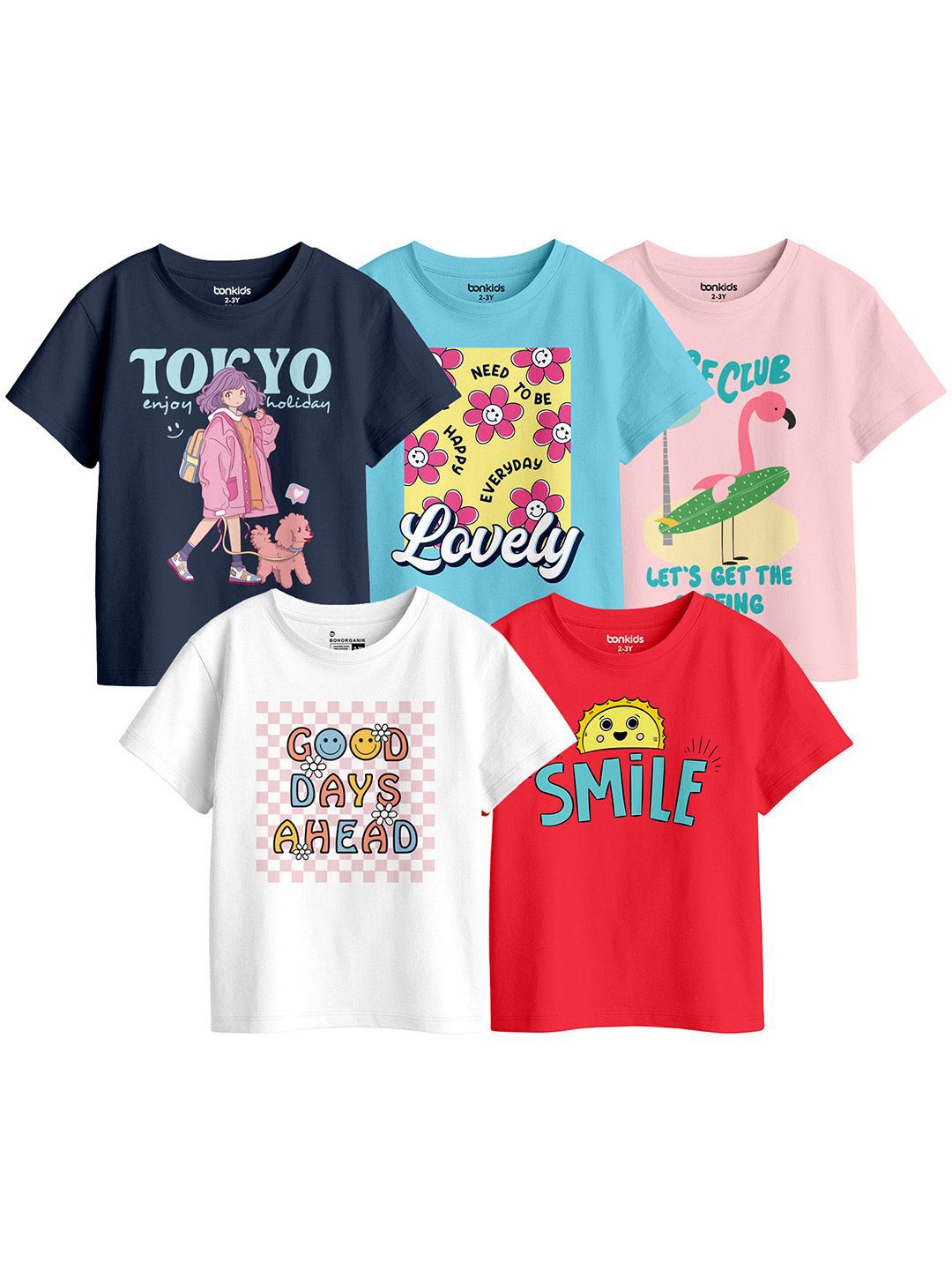 BonOrganik Girls Pack Of 5 Graphic Printed Pure Cotton T-shirt-picture-30