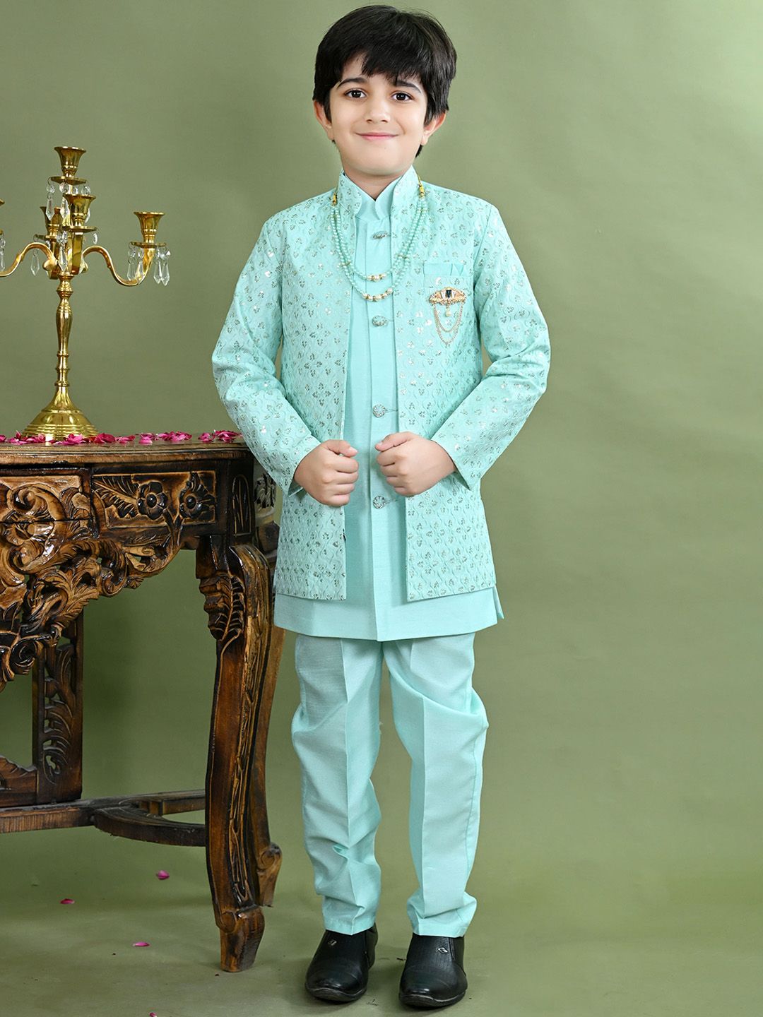 BT DEZINES Boys Cotton Silk Embroidered Sequined Sherwani Shrug Set-picture-18