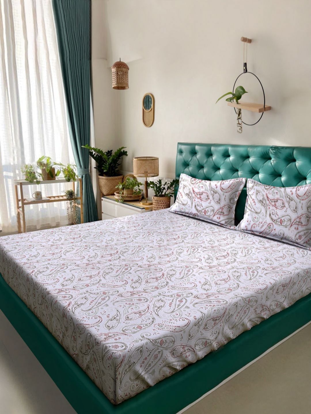 KLOTTHE Green & Red Floral Printed 400 TC King Pure Cotton Bedsheet with 2 Pillow Covers-picture-17