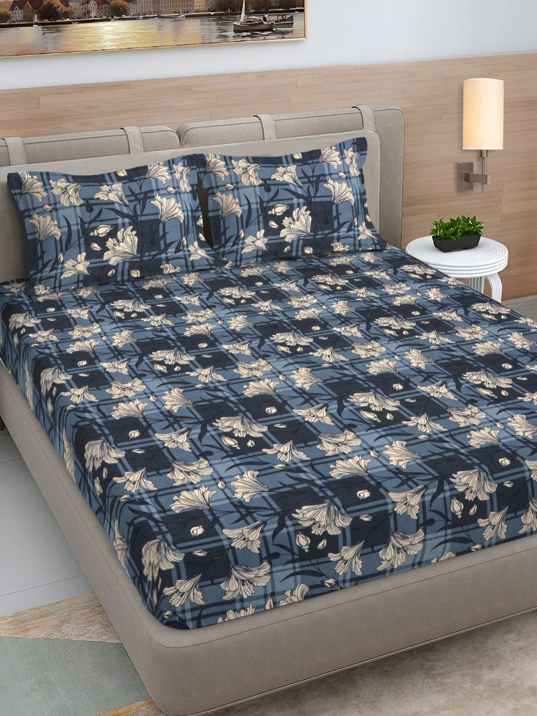 Myntra Elegant Homes Grey & White Floral 300 TC Double King Bedsheet Set-2.5 m X 2.25 m-picture-11