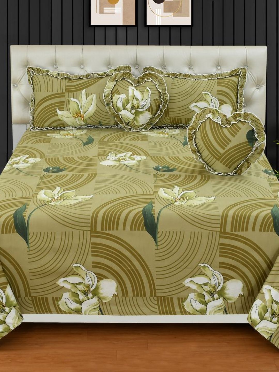 Luxmi Cotton Fabrics Green & Off White Floral Polycotton 5 Piece Double Queen Superfine Bedding Set-picture-14