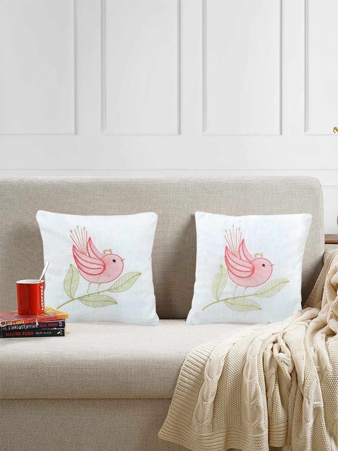 KLOTTHE White 2 Pieces Embroidered Cotton Square Cushion Cover-picture-54