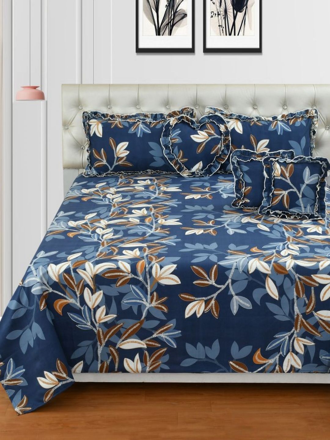 Luxmi Cotton Fabrics Blue & White 6 Pieces Floral Printed Double Queen Bedding Set-picture-34