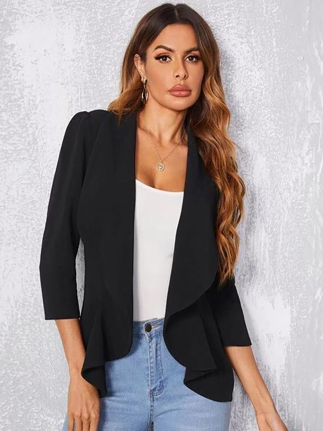QIOA Shawl Collar Open Front Blazers-image-43
