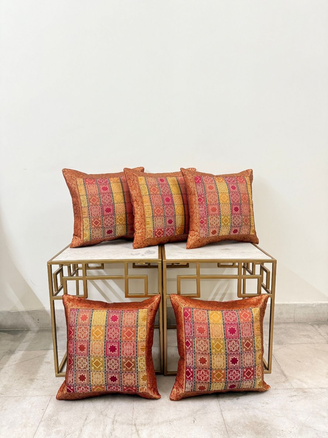 DIHIKA Orange & Yellow Set of 5 Square Cushion Covers-picture-25