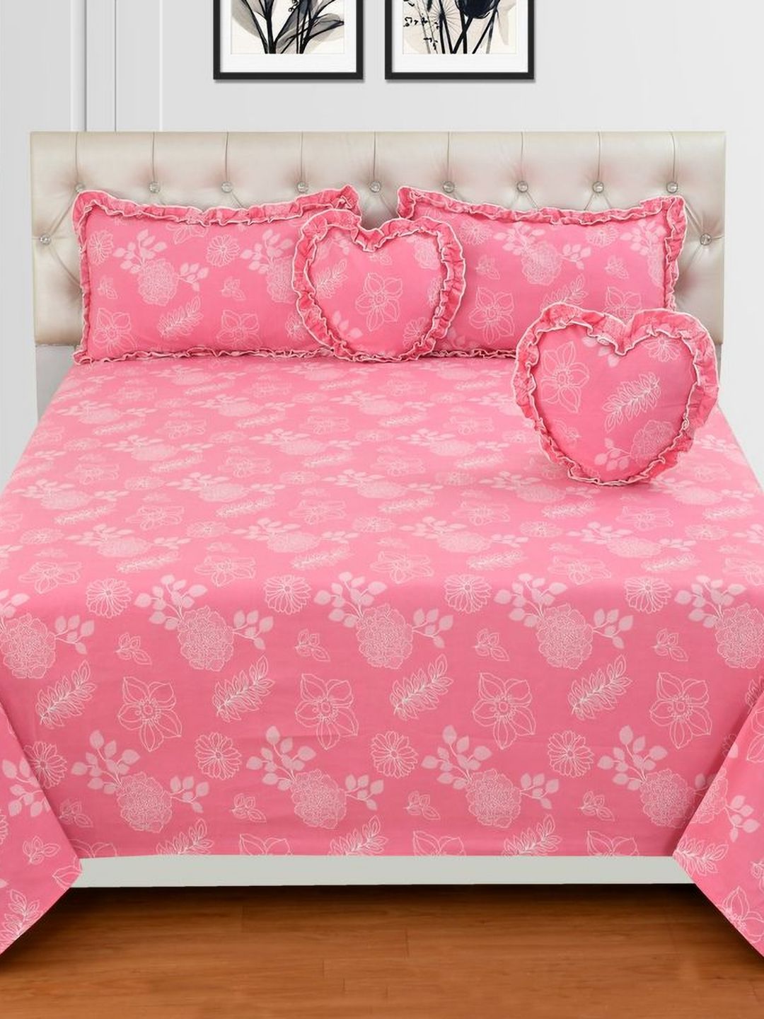 Luxmi Cotton Fabrics Pink & White Floral Polycotton 5 Piece Double Queen Superfine Bedding Set-picture-16