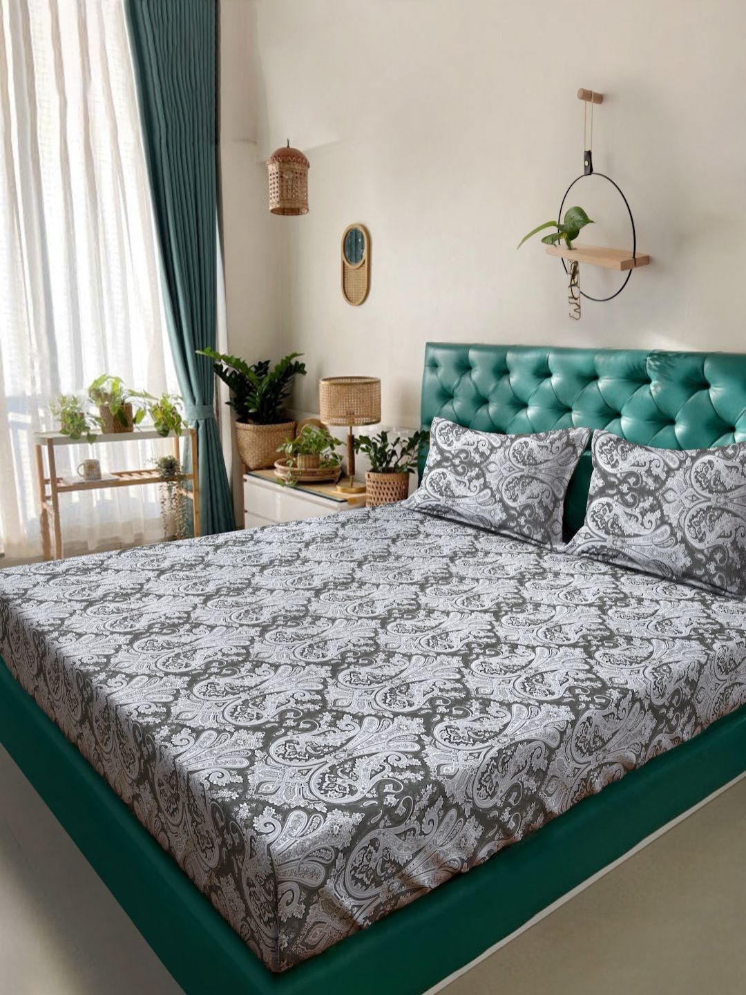 KLOTTHE Olive Green & White Printed Pure Cotton 400 TC King Bedsheet Set 2.7 m x 2.7 m-picture-13