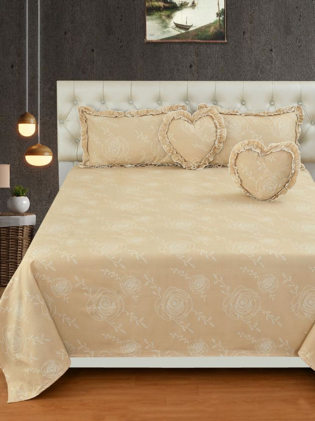 Luxmi Cotton Fabrics Beige & Off White Floral Polycotton 5 Piece Double Queen Superfine Bedding Set-picture-37