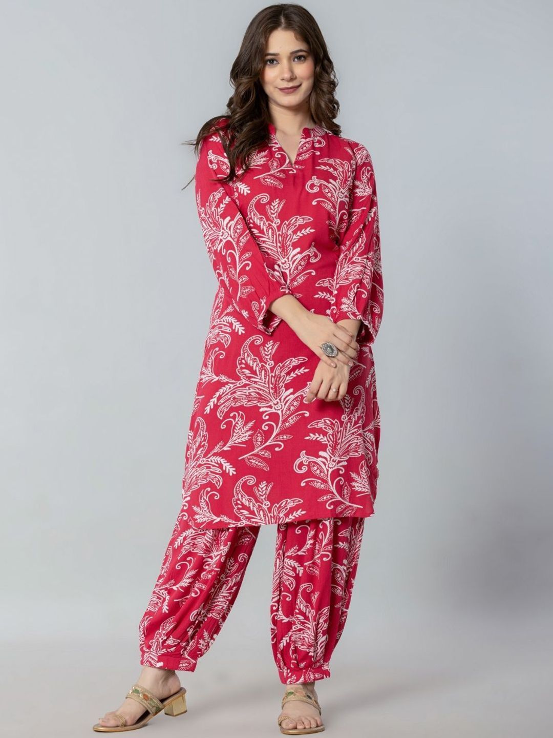 Amayra Floral Printed Mandarin Collar Pure Cotton Straight Kurta With Afghani Salwar