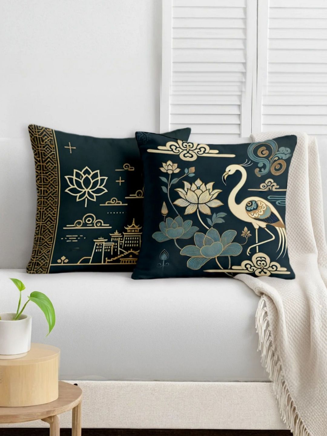 STITCHNEST Teal & Off White 2 Pieces Ethnic Motifs Satin Square Cushion Covers-image-42