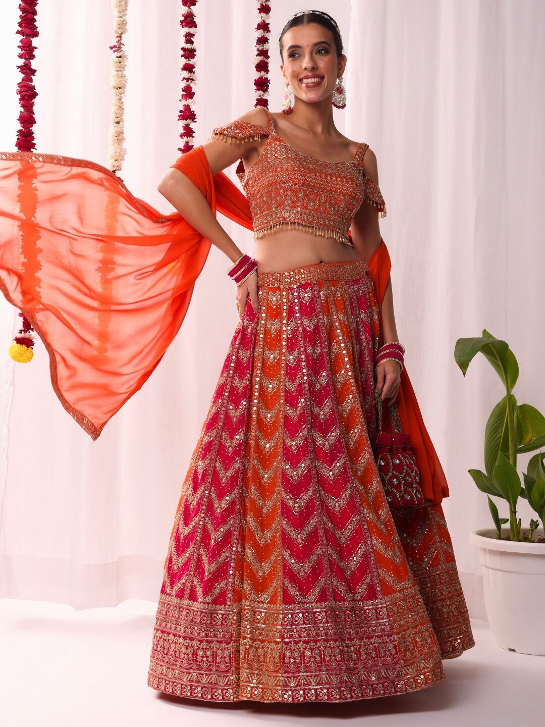 Chhabra 555 Embellished Georgette Cold Shoulder Sleeve Choli & Lehenga With Dupatta-image-15