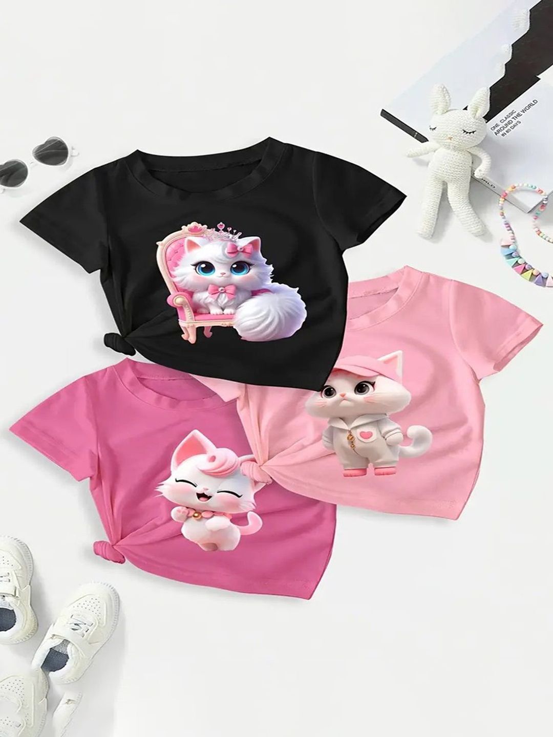 Knit Vey Girls Pack Of 3 Printed Rounc Neck Short Sleeves Cotton T-shirt-picture-37