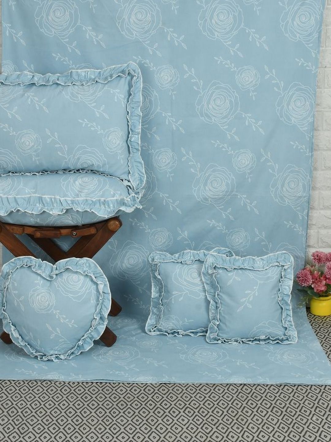 Luxmi Cotton Fabrics Blue & White 6 Pieces Floral Printed Double Queen Bedding Set-picture-38