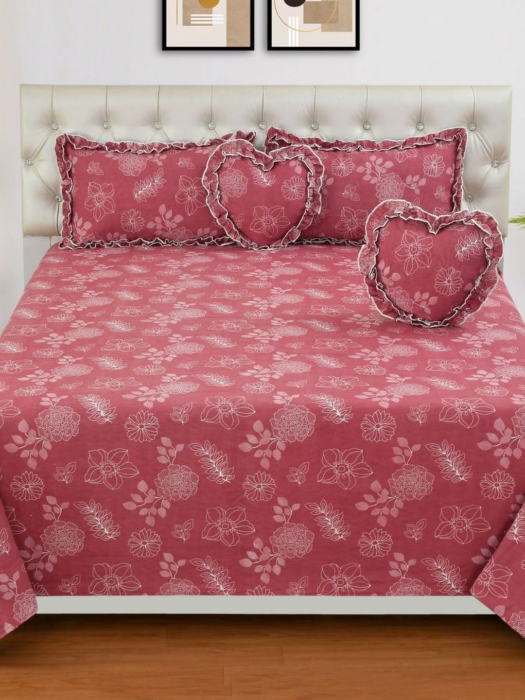 Luxmi Cotton Fabrics Red & White Floral Polycotton 5 Piece Double Queen Superfine Bedding Set-picture-15