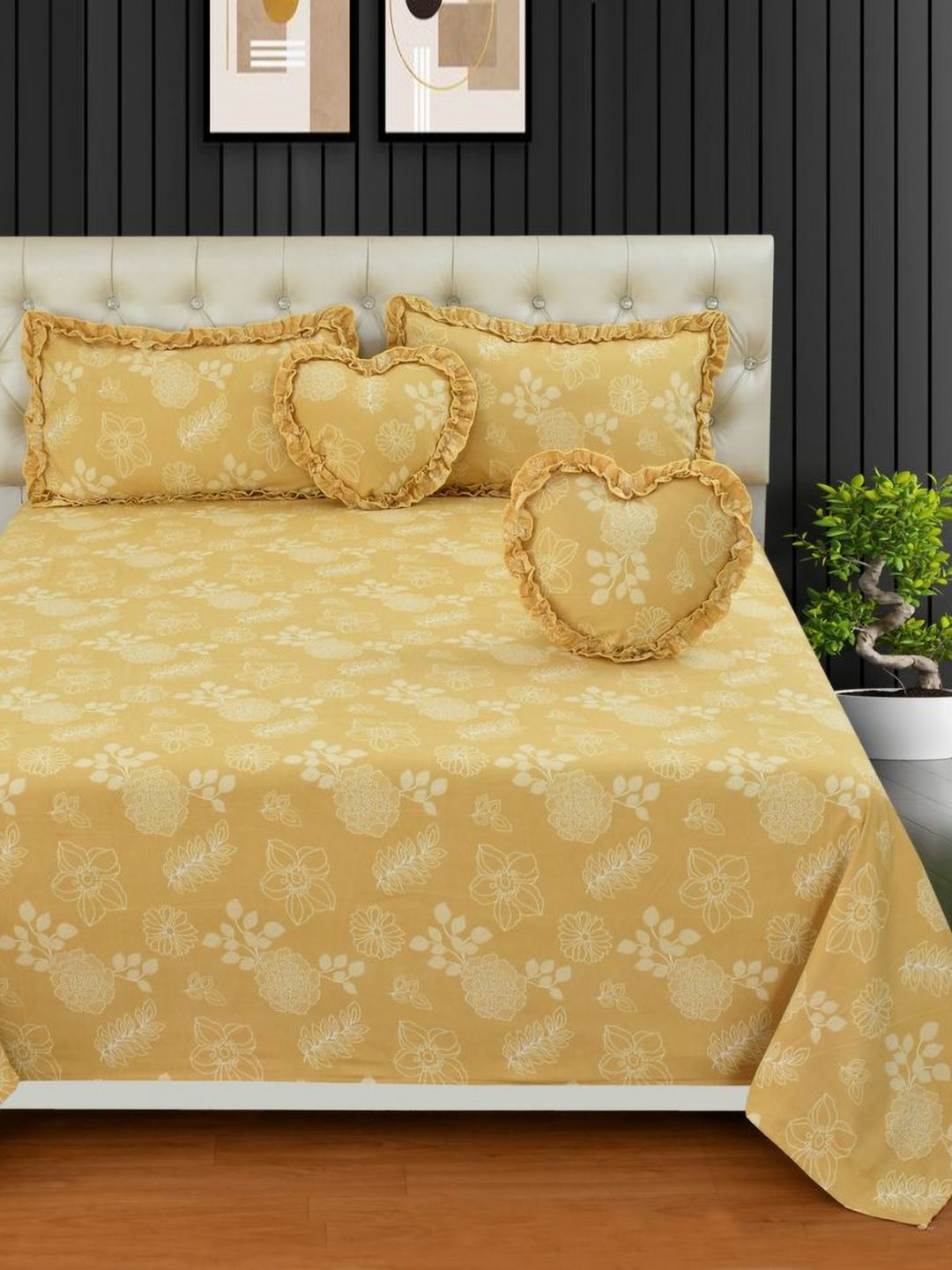 Luxmi Cotton Fabrics Yellow & White Floral Polycotton 5 Piece Double Queen Superfine Bedding Set-picture-17
