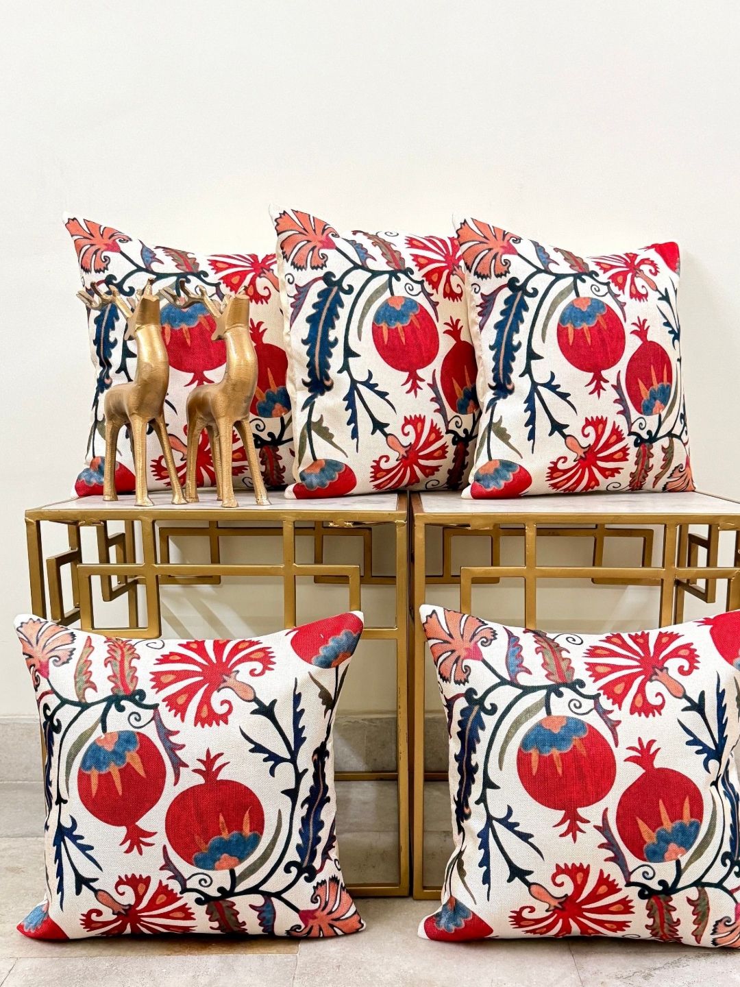 DIHIKA Red & White Set of 5 Ethnic Motifs Square Cushion Covers-picture-58