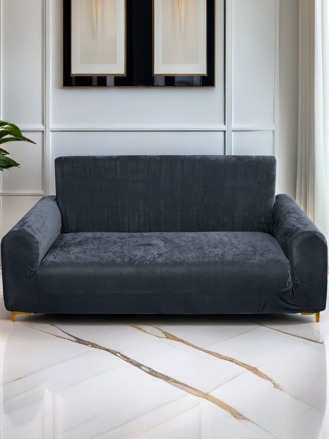 DECOR VATIKA Grey Solid Velvet 1 Piece Sofa Cover With Arms-image-22