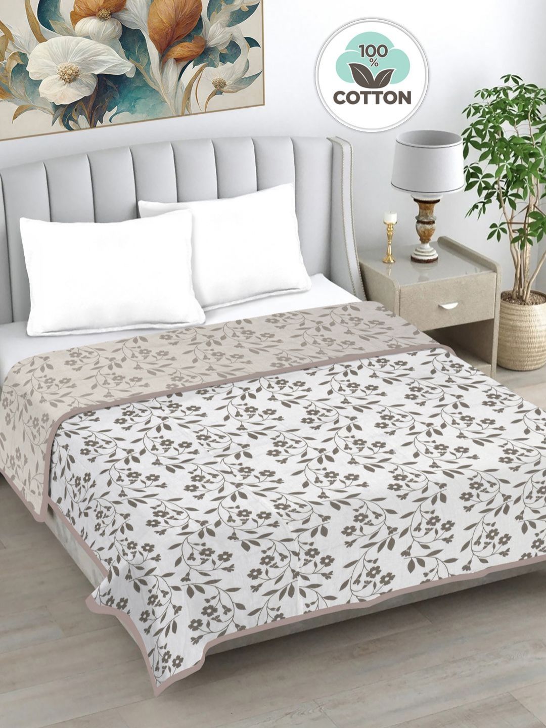 Myntra Elegant Homes Grey & Olive Green Floral AC Room 233 GSM Double Bed Dohar-picture-15