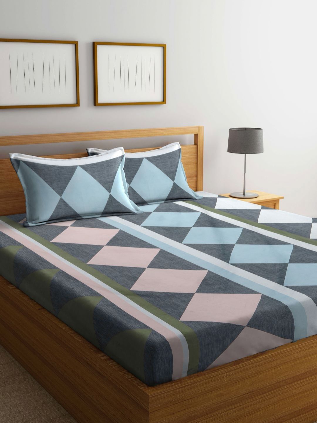 Myntra Elegant Homes Grey & Pink Geometric Printed Fitted 300 TC King Bedsheet with 2 Pillow Covers-picture-14
