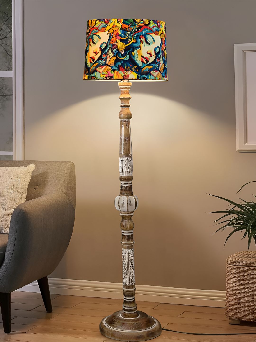 Decorcity Blue & Brown Printed Wooden Cylindrical FloorLamps-image-28