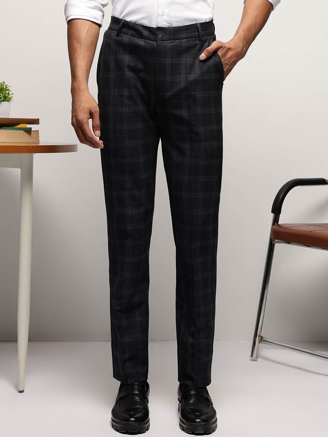 SUBTRACT Men Checked Slim Fit Mid-Rise Wrinkle Free Formal Trousers-picture-40