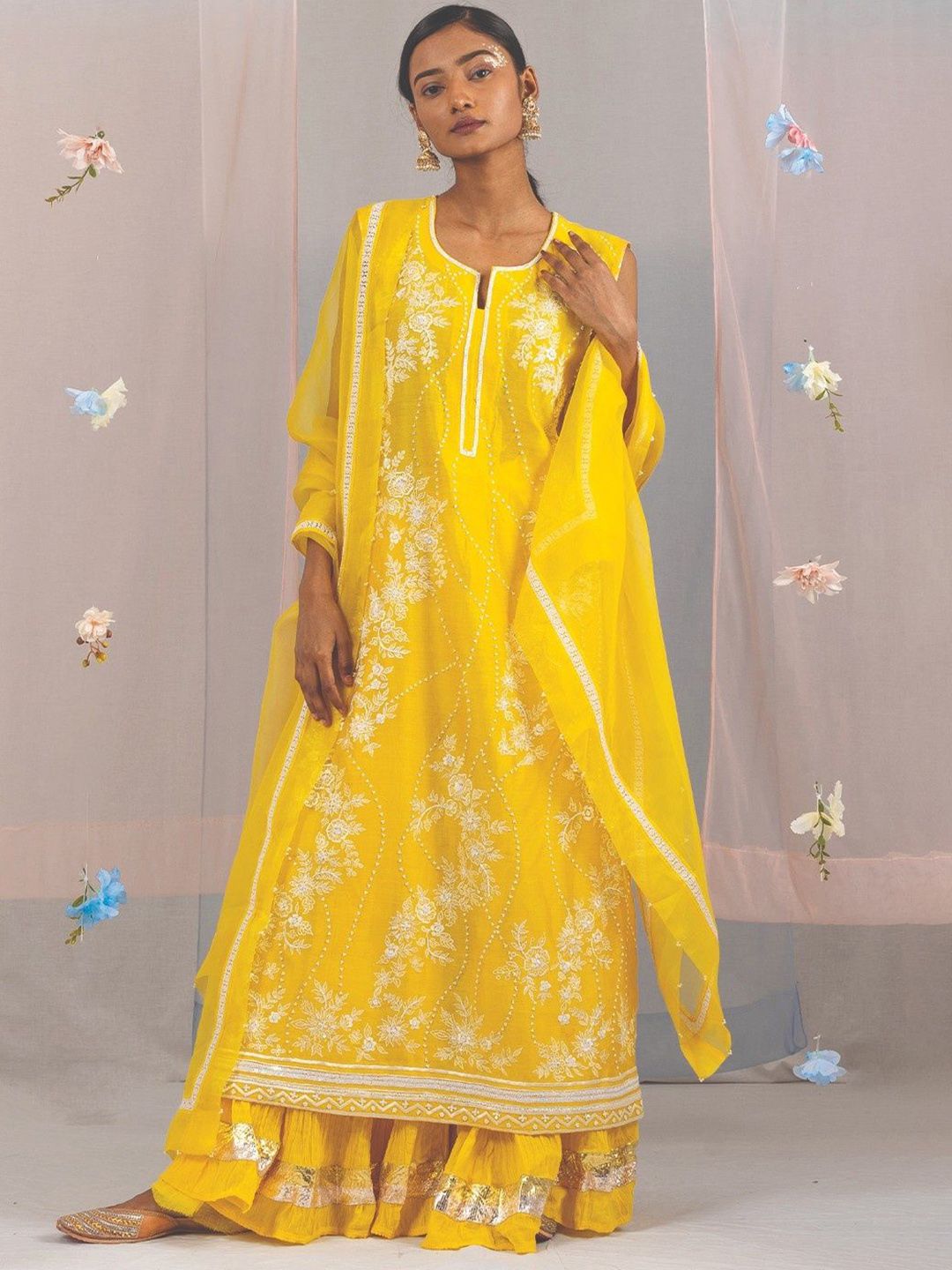 Kyra Women Embroidered Regular Thread Work Chanderi Cotton Kurta with Skirt & With Dupatta-image-34