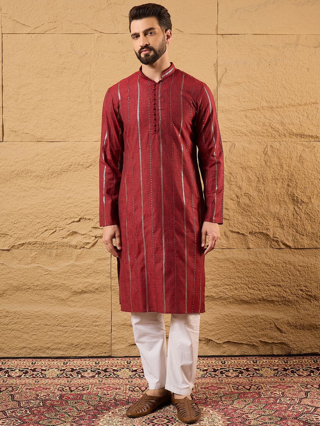 House of Pataudi Sequin Embroidered Cotton Straight Kurta-picture-10