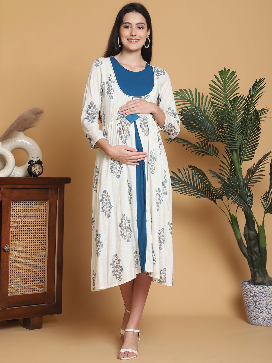 Moms Maternity Women Ethnic Motifs Printed Cotton Maternity Fit & Flare Midi Dress