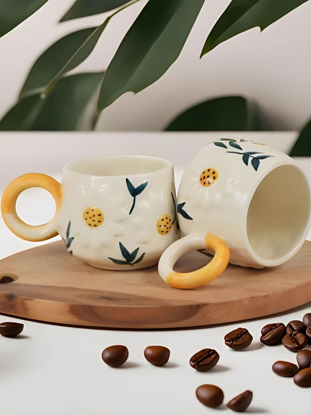 Kraftlik Handicraft White & Yellow Handcrafted and Hand Painted Textured Ceramic Glossy Mugs Set of Cups and Mugs-picture-13