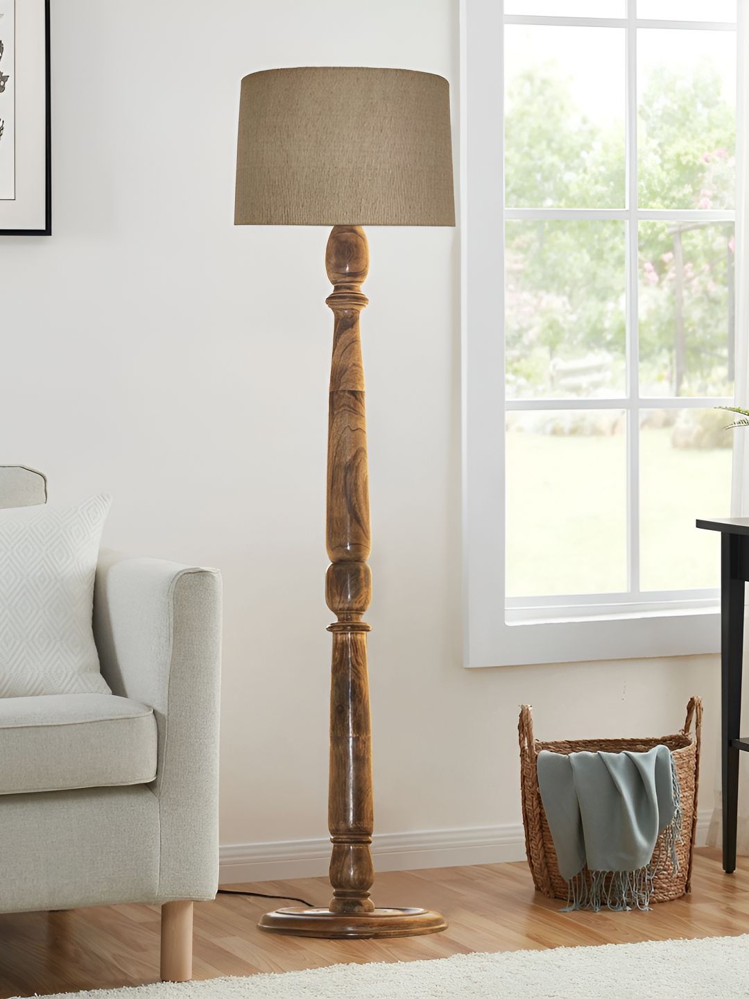 Decorcity Beige & Brown Wooden Cylindrical FloorLamps-image-38