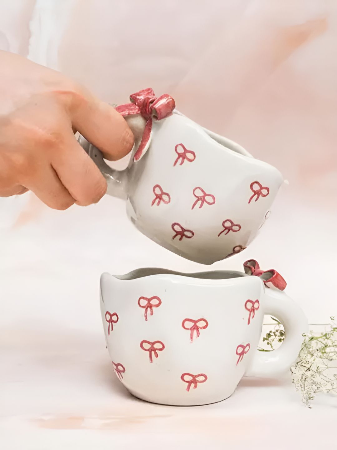 Kraftlik Handicraft White & Peach-Coloured Handcrafted and Hand Painted Textured Ceramic Glossy Mugs Set of Cups and Mugs-image-10